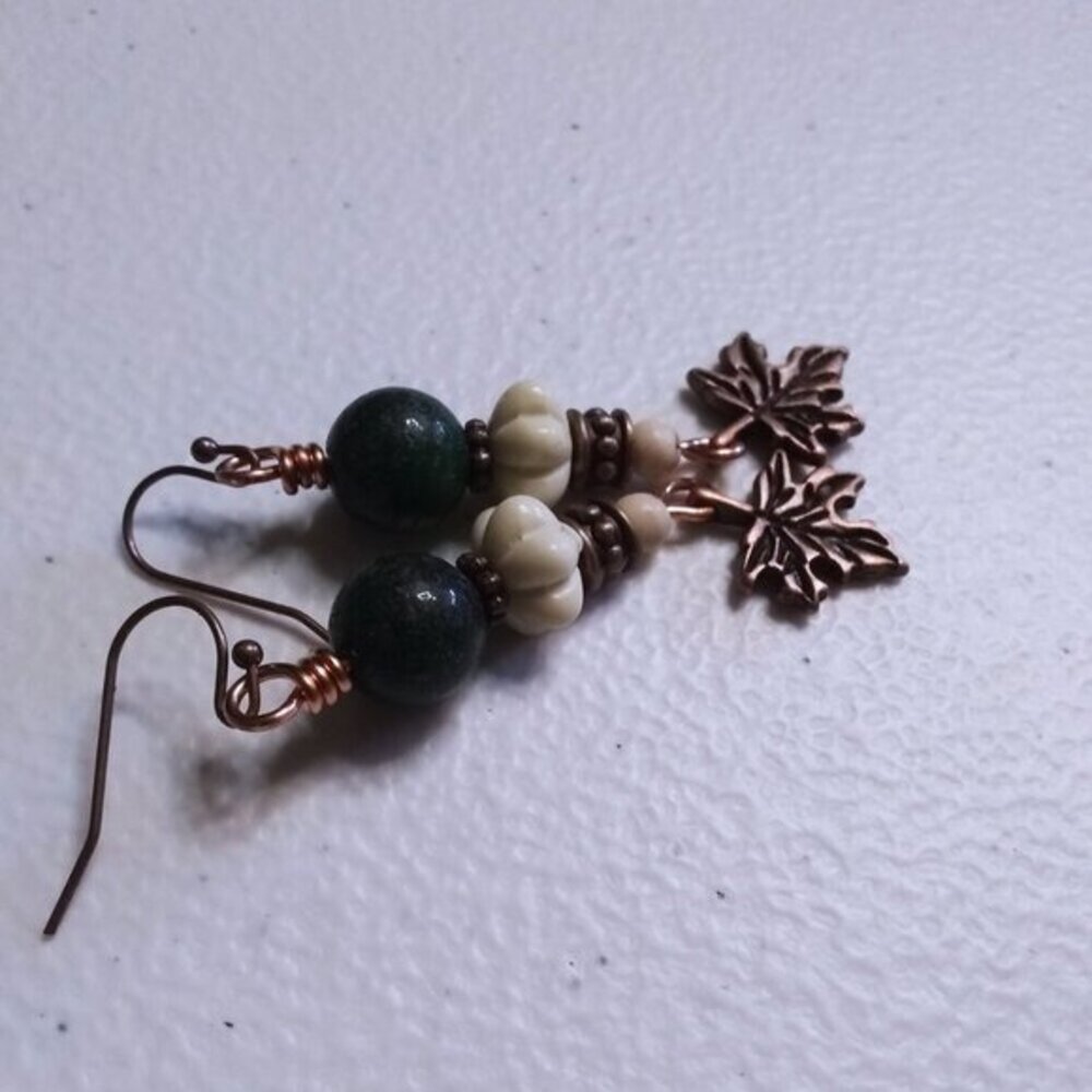 Copper Maple Leaf + Stone Beads Dangle Earrings | Fall Countrycore Cabincore - Picture 10 of 13
